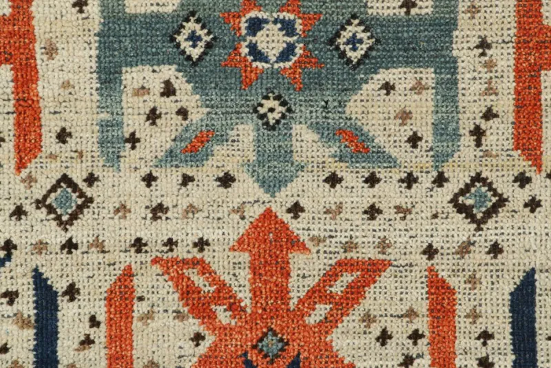 Pamono Tribal Rug Sample with Orange and Blue Geometric Patterns from R&K Principal Jahanshah Nazmiyal