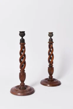 Sale Pamono Turned Wood Candlesticks, 19th Century, Set of 2