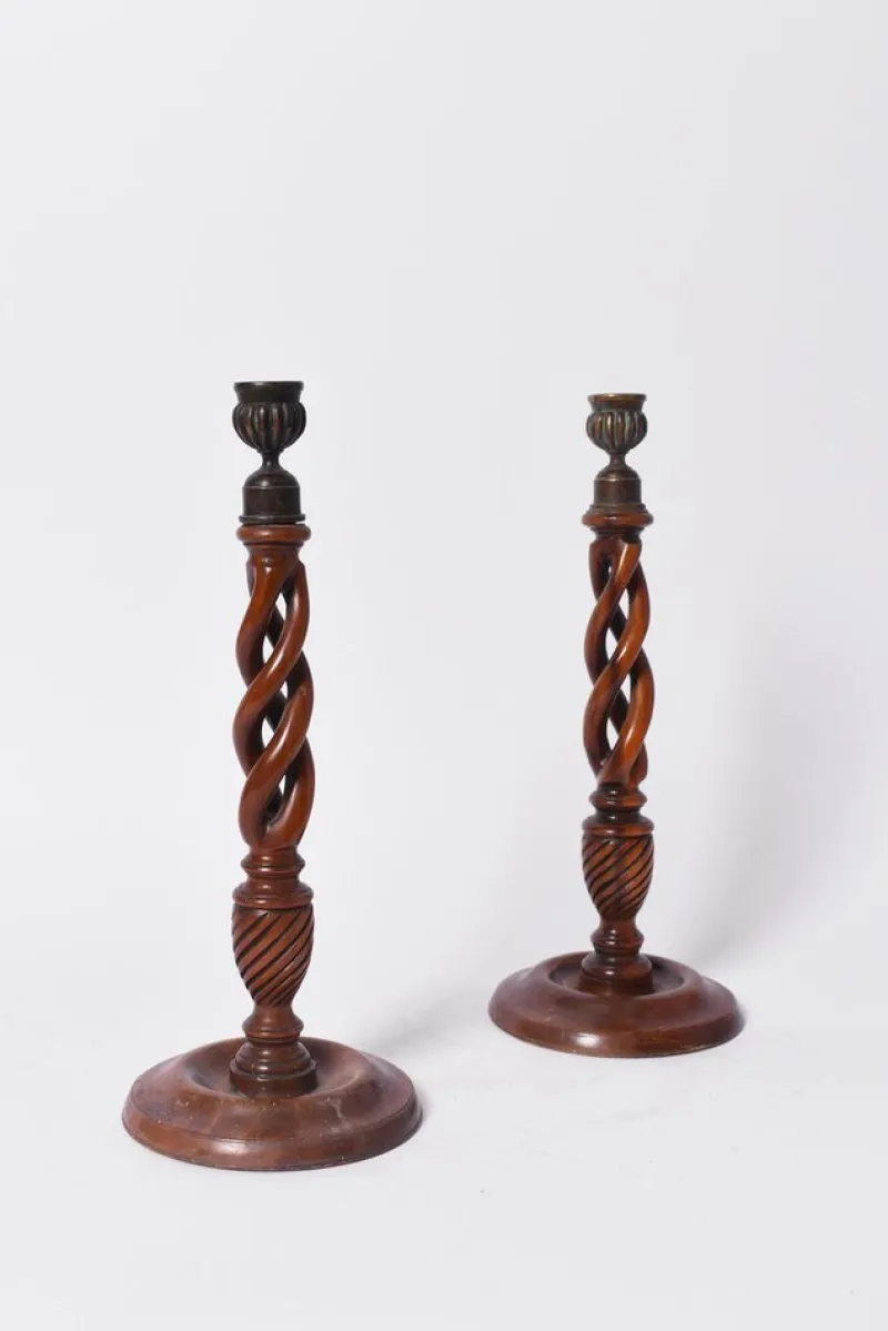 Sale Pamono Turned Wood Candlesticks, 19th Century, Set of 2