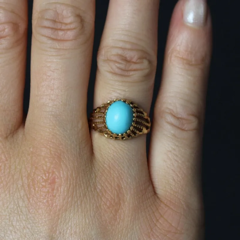 Pamono Turquoise Color Stone 18 Karat Rose Gold Domed Ring, 1960s