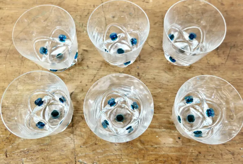 Pamono Turquoise Crystal Whiskey Tumbler Set from Lalique, 1950s, Set of 7> Glassware