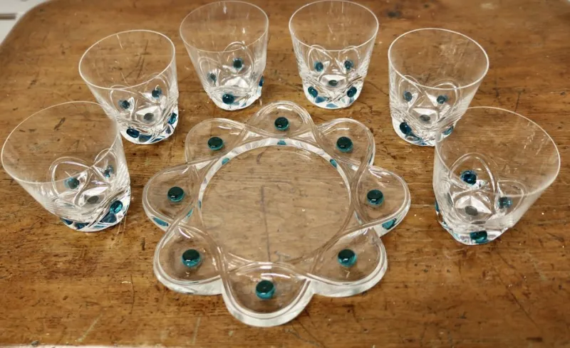 Pamono Turquoise Crystal Whiskey Tumbler Set from Lalique, 1950s, Set of 7> Glassware