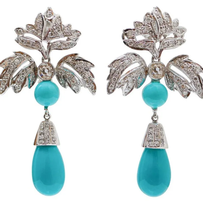 Online Pamono Turquoise, Diamonds and Platinum Dangle Earrings, Set of 2