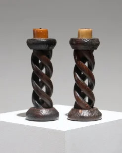Hot Pamono Twisted Wood Candlesticks, 1950s, Set of 2