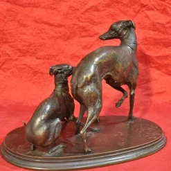 Pamono Two Bronze Greyhound Dogs by Pierre-Jules Mene, 1810-1879><noscript><img width=