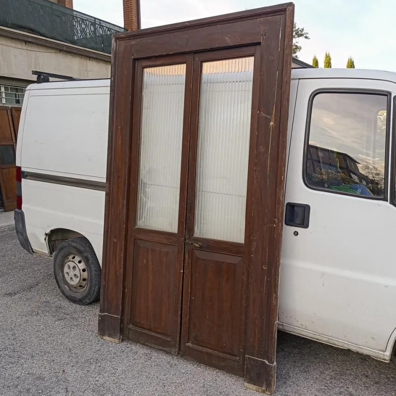 Hot Pamono Two-Leaf Door with Solid Fir Wood Frame & Frosted Striped Glass, Italy