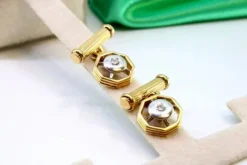 Pamono Two-Tone Gold Cufflinks with Brilliant-Cut Diamonds, Set of 2