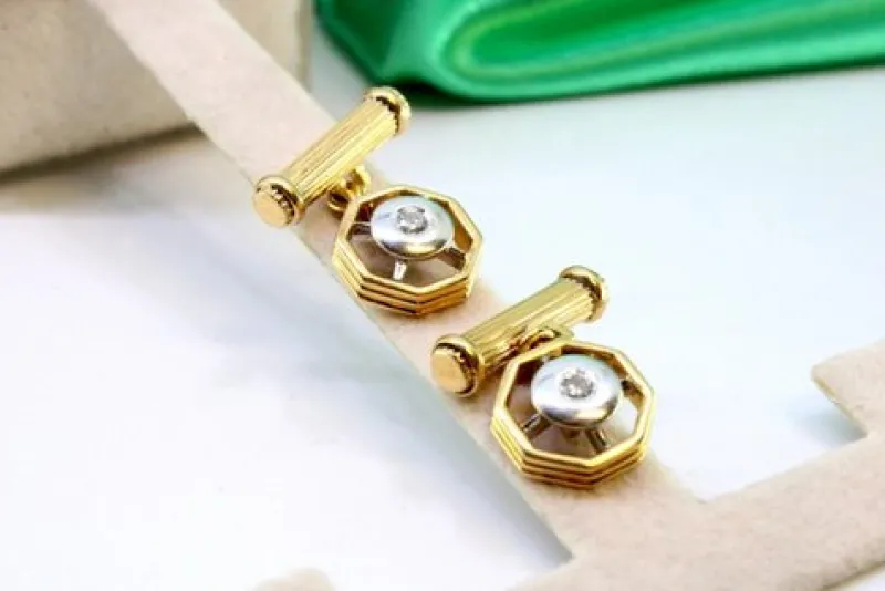 Pamono Two-Tone Gold Cufflinks with Brilliant-Cut Diamonds, Set of 2