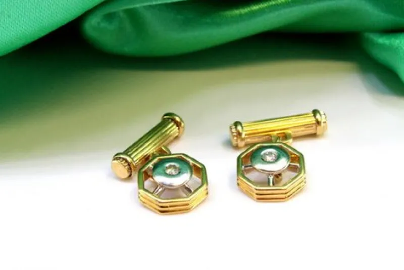 Pamono Two-Tone Gold Cufflinks with Brilliant-Cut Diamonds, Set of 2