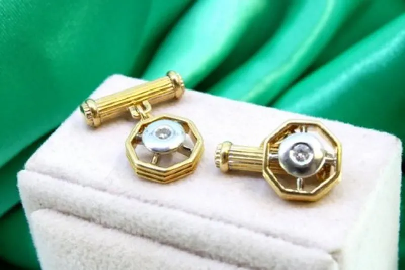 Pamono Two-Tone Gold Cufflinks with Brilliant-Cut Diamonds, Set of 2
