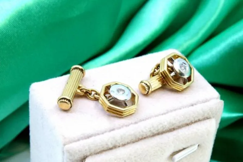 Pamono Two-Tone Gold Cufflinks with Brilliant-Cut Diamonds, Set of 2