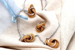Pamono Two-Tone Gold Earrings and Necklace and Ring with Brilliant-Cut Diamonds, Set of 4> Earrings