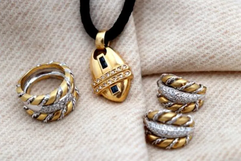 Online Pamono Two-Tone Gold Set with Necklace and Earrings and Ring with Brilliant-Cut Diamonds, Set of 4