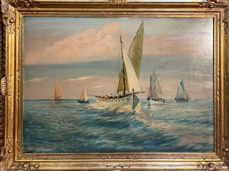 Clearance Pamono U. Montini, Marina, 20th Century, Oil on Panel, Framed