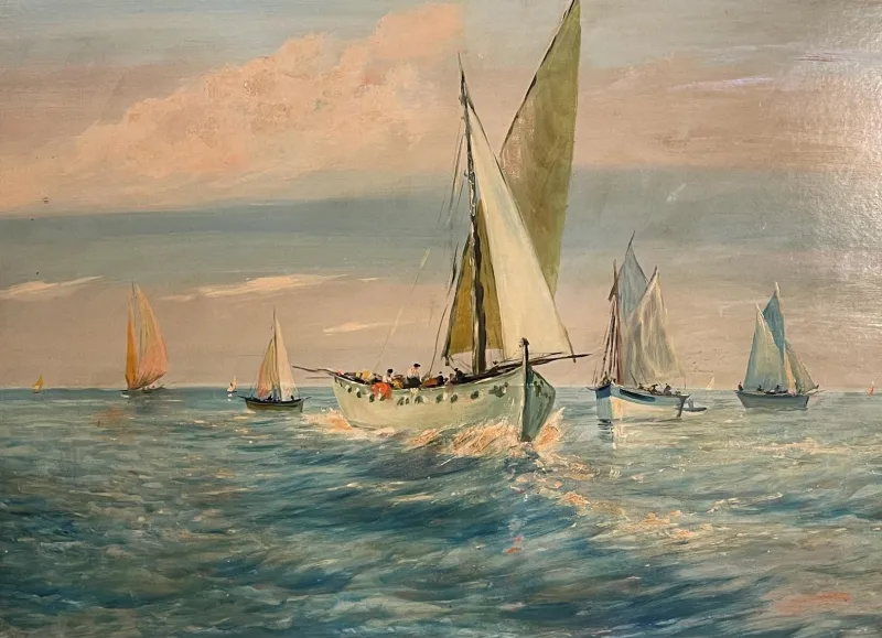 Clearance Pamono U. Montini, Marina, 20th Century, Oil on Panel, Framed