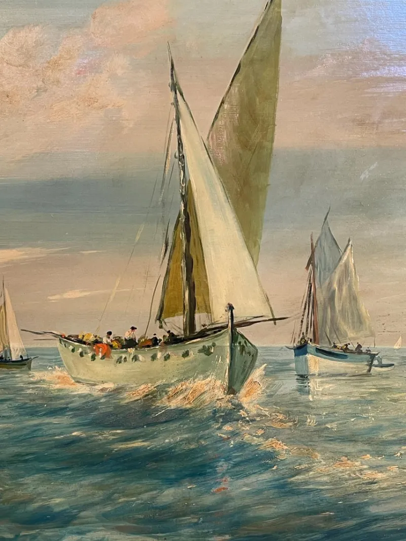 Clearance Pamono U. Montini, Marina, 20th Century, Oil on Panel, Framed