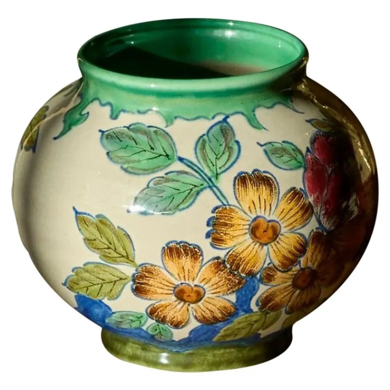 Best Pamono Vase with Flower Decor, Gouda, Holland, 1920s