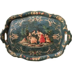 Pamono Venetian Blue Lacquered Wooden Tray with Rural Scenes and Flowers, 1750> Trays
