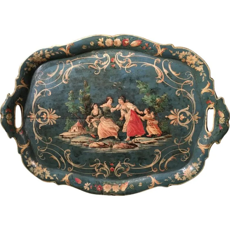 Pamono Venetian Blue Lacquered Wooden Tray with Rural Scenes and Flowers, 1750> Trays