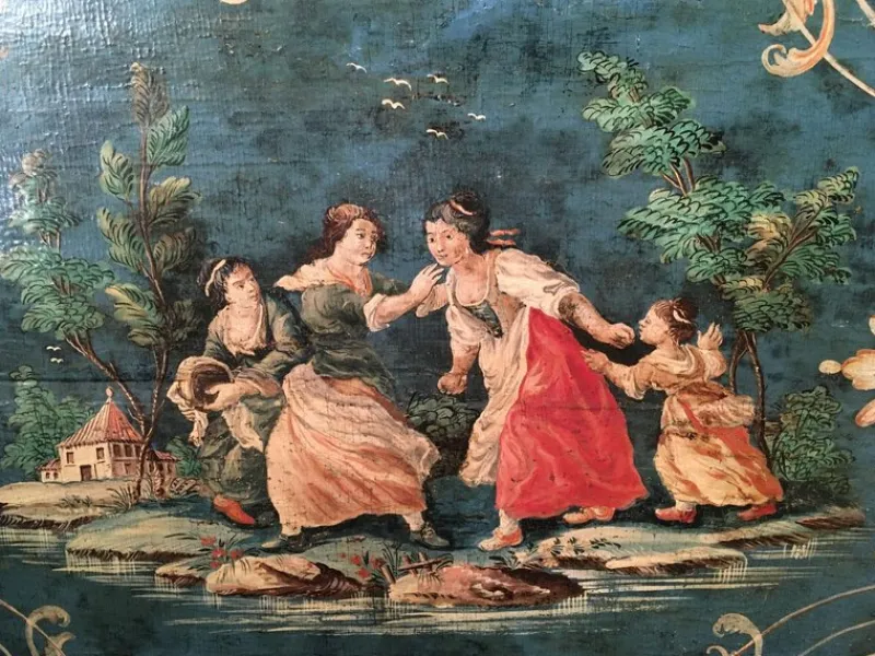 Pamono Venetian Blue Lacquered Wooden Tray with Rural Scenes and Flowers, 1750> Trays