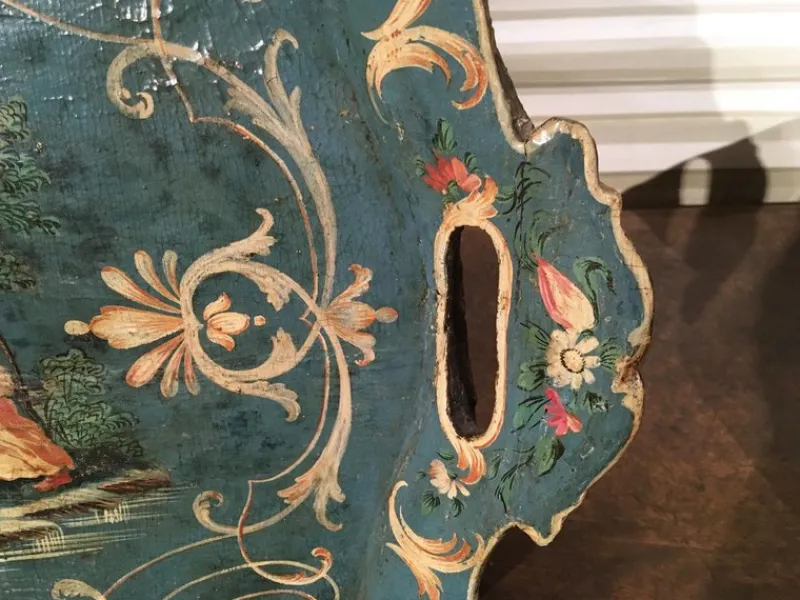 Pamono Venetian Blue Lacquered Wooden Tray with Rural Scenes and Flowers, 1750> Trays