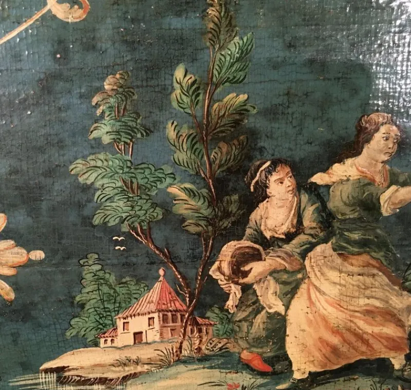 Pamono Venetian Blue Lacquered Wooden Tray with Rural Scenes and Flowers, 1750> Trays