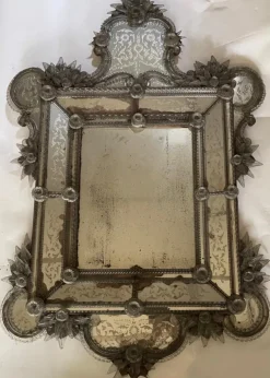 Pamono Venetian Mirror in Engraved Glass with Applied Flowers, 1890s> Mirrors