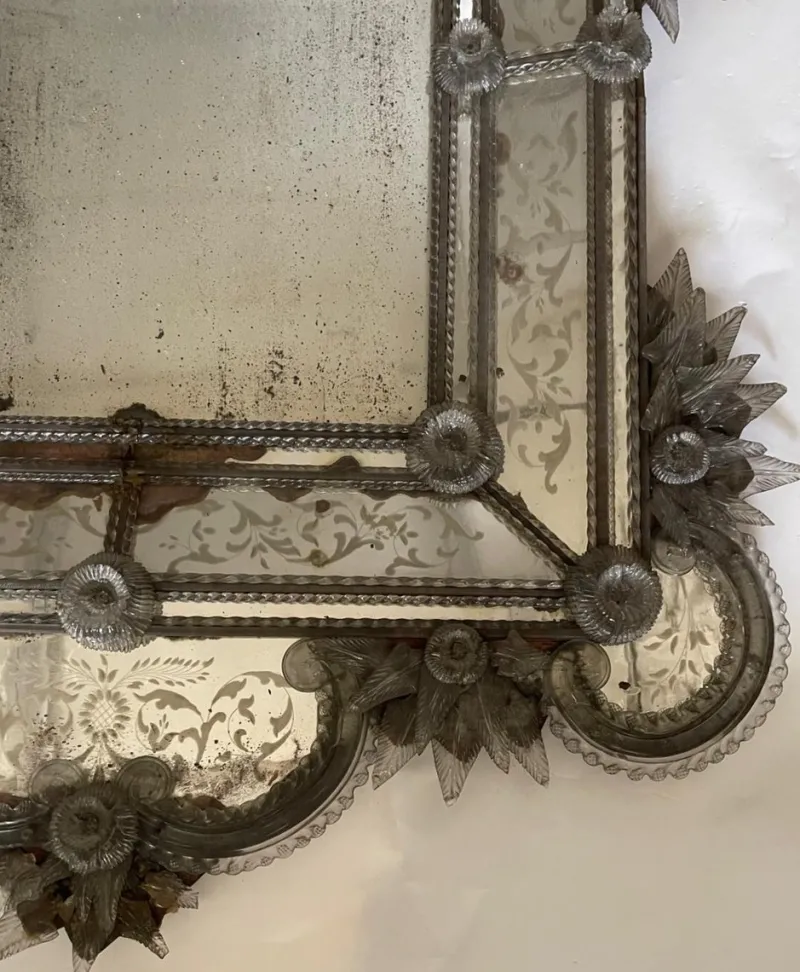 Pamono Venetian Mirror in Engraved Glass with Applied Flowers, 1890s> Mirrors
