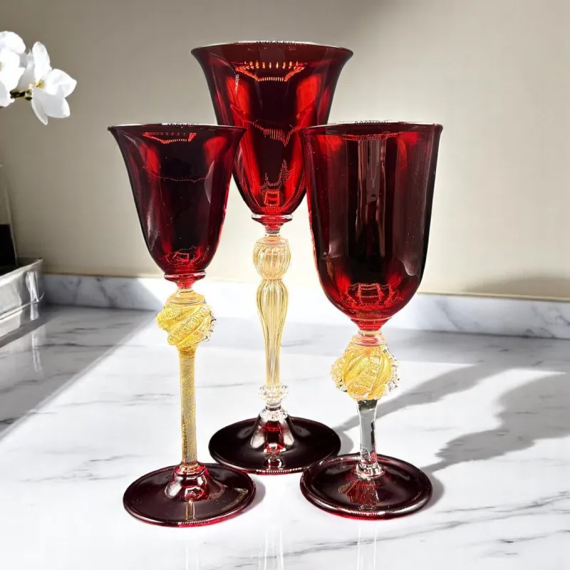 Discount Pamono Venetian Ruby and Gilt Murano Glass Goblets, Set of 3