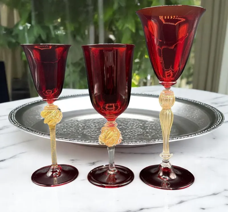 Discount Pamono Venetian Ruby and Gilt Murano Glass Goblets, Set of 3