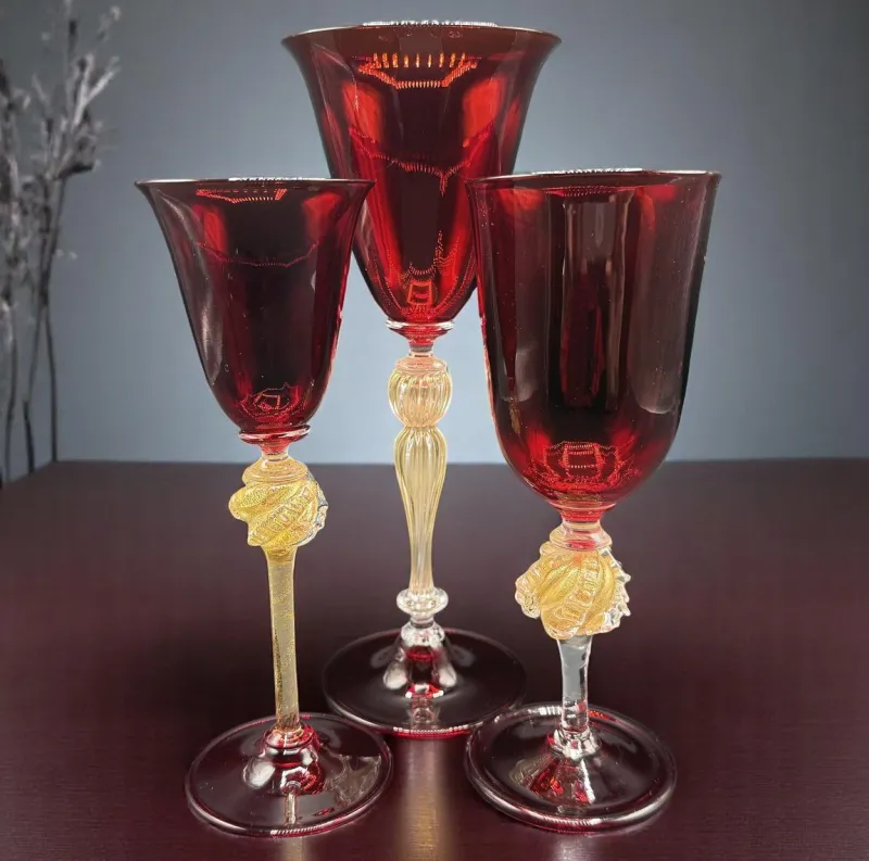 Discount Pamono Venetian Ruby and Gilt Murano Glass Goblets, Set of 3
