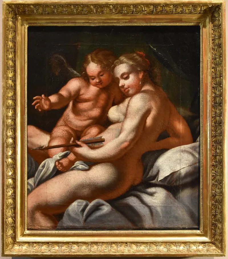 Pamono Venetian School Artist, Venus & Cupid, 1700, Oil on Canvas, Framed> Old Masters|Classical