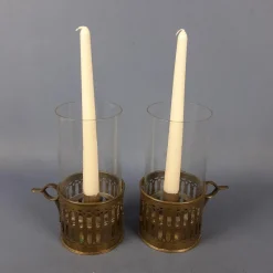 Pamono Victorian Brass and Glass Candlesticks, Early 1900s, Set of 2> Candleholders