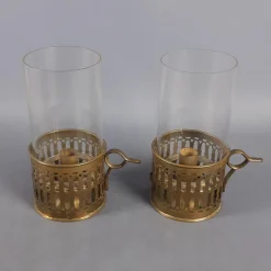 Pamono Victorian Brass and Glass Candlesticks, Early 1900s, Set of 2><noscript><img width=