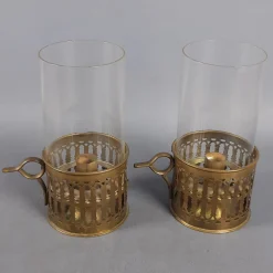 Pamono Victorian Brass and Glass Candlesticks, Early 1900s, Set of 2><noscript><img width=
