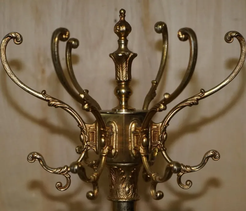 Hot Pamono Victorian Brass Coat Hat & Scarf Stand with Dolphin Cast Legs, 1880s