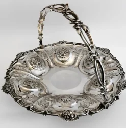 Pamono Victorian Chiseled and Engraved Sterling Silver Basket with Handle, 1870s><noscript><img width=