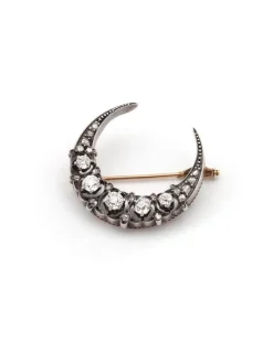 Pamono Victorian Crescent Moon Diamond Brooch
