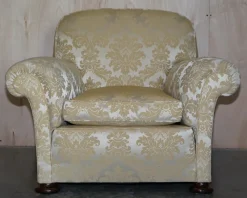 Pamono Victorian Damask Upholstery Sofa & Armchair Club Suite with Turned Bun Feet, Set of 3><noscript><img width=