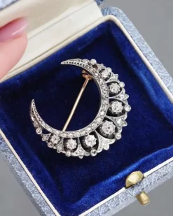 Pamono Victorian Diamond Crescent Moon Brooch><noscript><img width=