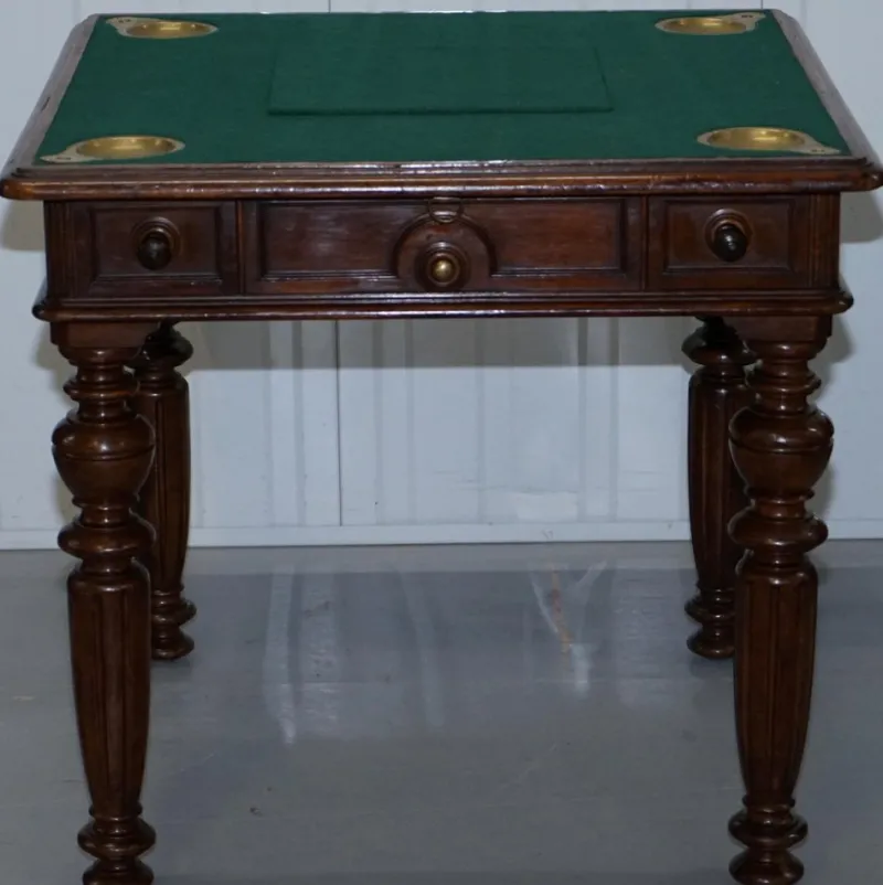 Pamono Victorian Game Table with Drop Middle, Secret Drawers and Buttons, 1840s