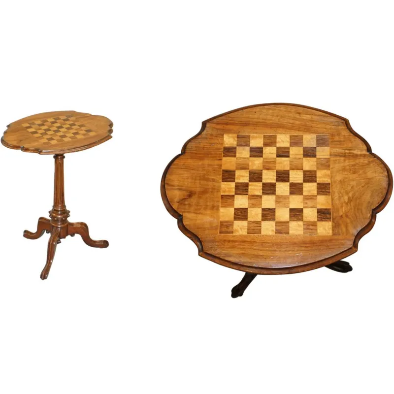 Pamono Victorian Inlaid Walnut & Hardwood Chess Table with Ornate Legs, 1880s> Game Tables