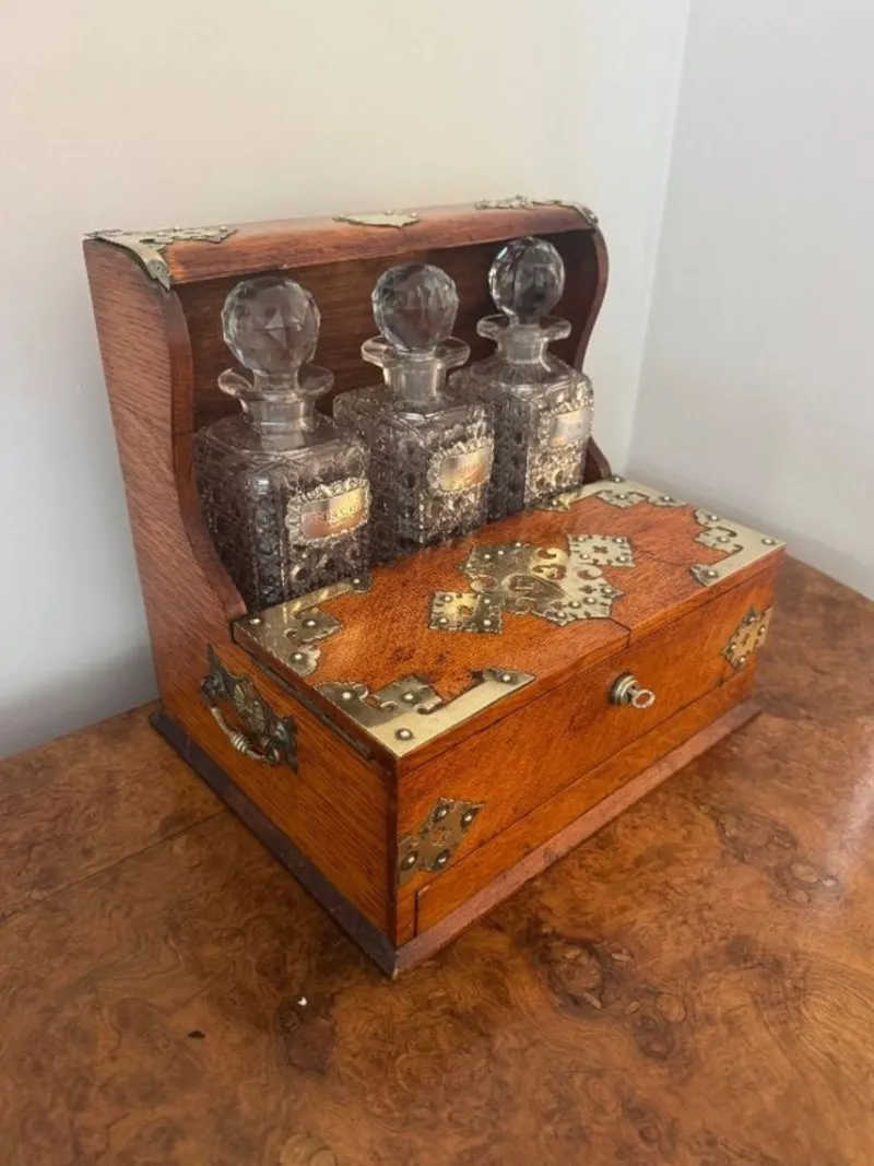 Clearance Pamono Victorian Oak Tantalus and Games Box, 1880s, Set of 9