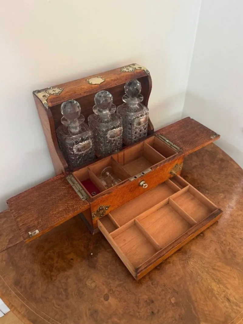 Clearance Pamono Victorian Oak Tantalus and Games Box, 1880s, Set of 9