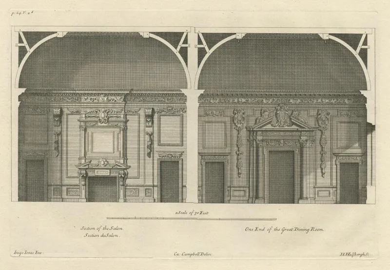 Pamono View of the Salon and Dining Room of Wilton House in Salisbury, 1717, Paper> Work On Paper