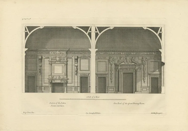Pamono View of the Salon and Dining Room of Wilton House in Salisbury, 1717, Paper> Work On Paper