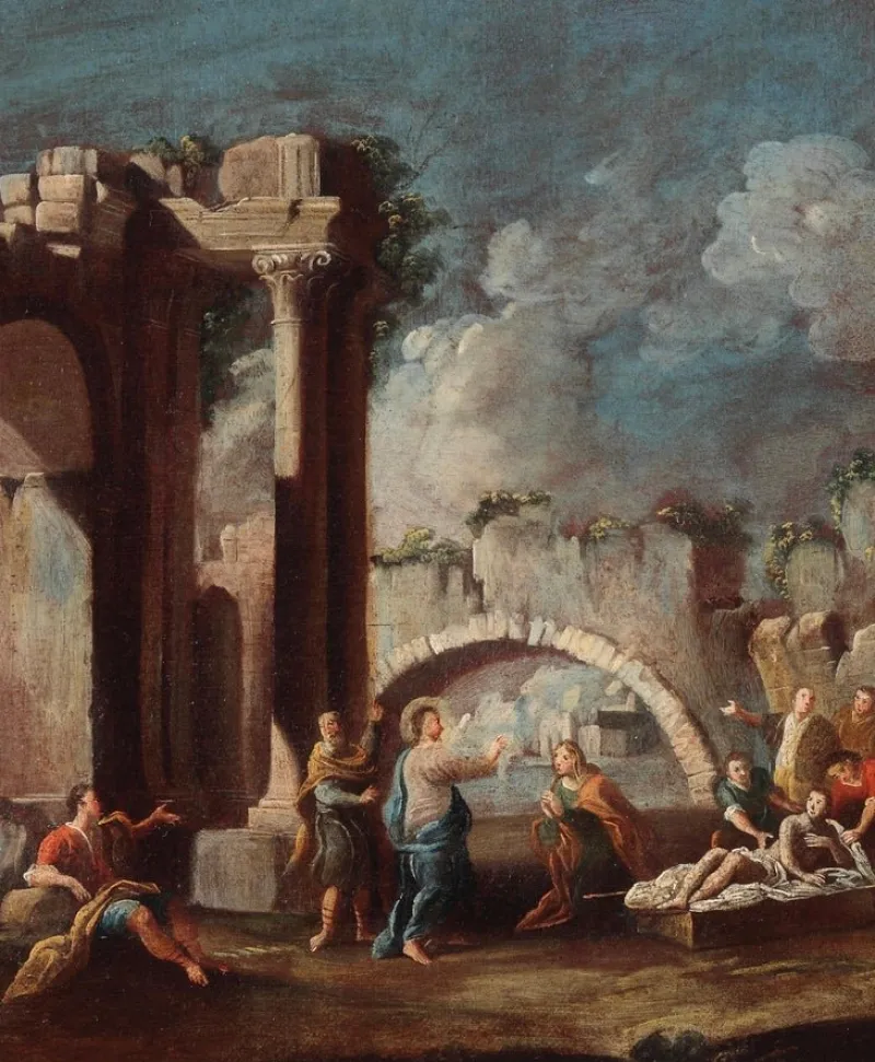 Best Pamono Vincenzo Re, Christ Healing a Sick Person Architectural Capriccio, 18th Century, Oil on Canvas