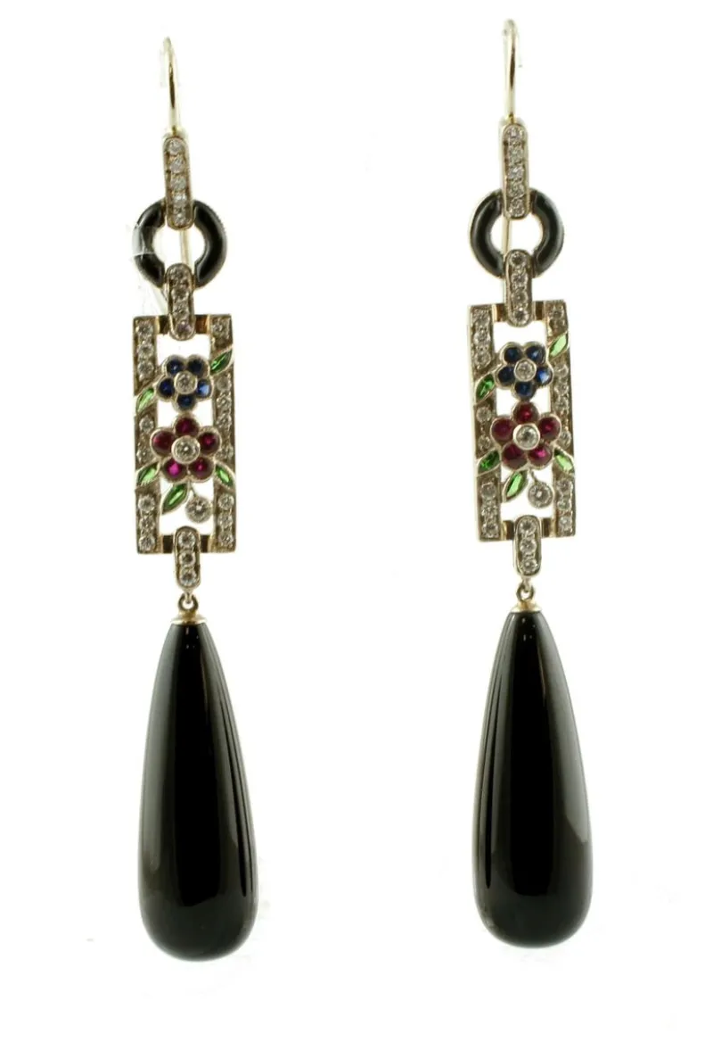 Pamono Vintage 18 Karat White Gold Earrings with Diamonds, Emeralds, Blue Sapphires, Rubies and Onyx, Set of 2> Earrings