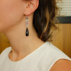 Pamono Vintage 18 Karat White Gold Earrings with Diamonds, Emeralds, Blue Sapphires, Rubies and Onyx, Set of 2><noscript><img width=