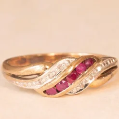 Pamono Vintage 9 Karat Yellow and White Gold Ring with Rubies and Diamonds, 1970s-1980s><noscript><img width=